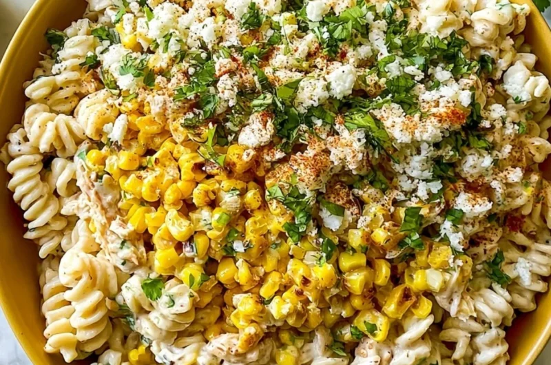 Delicious elote pasta salad with Greek yogurt, corn, and fresh toppings