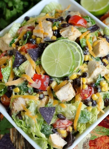 A vibrant Tex-Mex chopped chicken salad with fresh veggies and chicken.