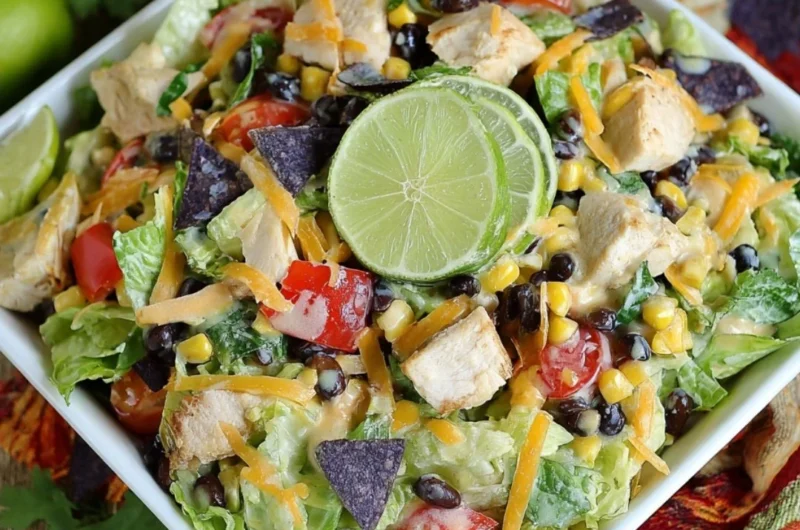 A vibrant Tex-Mex chopped chicken salad with fresh veggies and chicken.