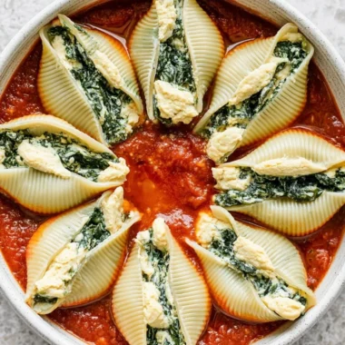 Plate of vegan stuffed shells filled with plant-based ingredients