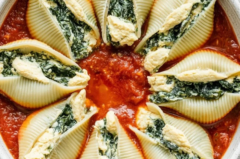 Plate of vegan stuffed shells filled with plant-based ingredients