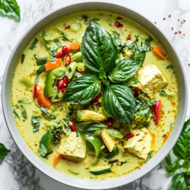 Bowl of vegetarian Thai green curry with fresh vegetables and coconut milk