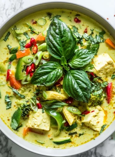 Bowl of vegetarian Thai green curry with fresh vegetables and coconut milk