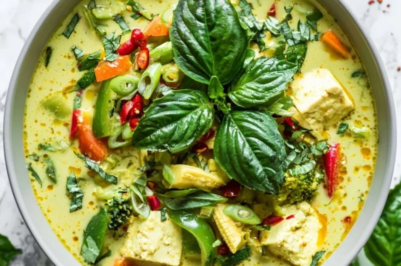 Bowl of vegetarian Thai green curry with fresh vegetables and coconut milk