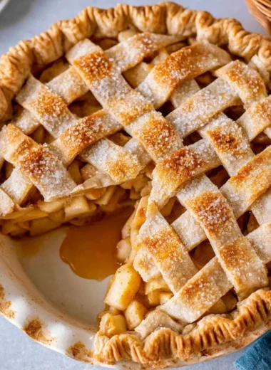Freshly baked cozy classic apple pie with a golden crust and apple filling