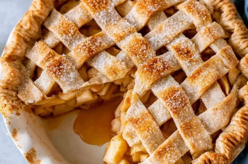 Freshly baked cozy classic apple pie with a golden crust and apple filling