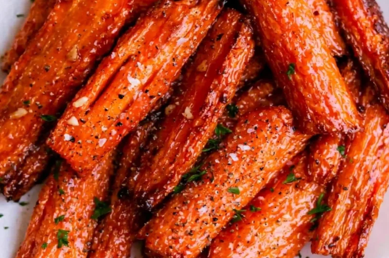 Air Fryer Carrots drizzled with Honey Garlic Butter on a plate