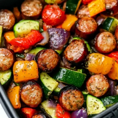 Air Fryer Chicken Sausage cooked with colorful veggies for a healthy meal.