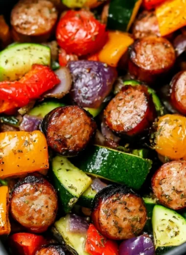 Air Fryer Chicken Sausage cooked with colorful veggies for a healthy meal.