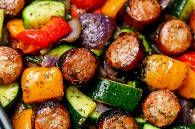 Air Fryer Chicken Sausage cooked with colorful veggies for a healthy meal.