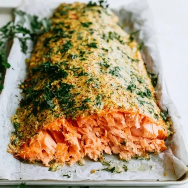 Baked salmon fillet topped with herbed Dijon sauce on a plate