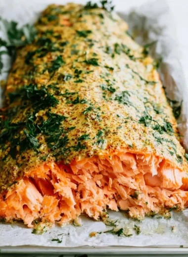 Baked salmon fillet topped with herbed Dijon sauce on a plate