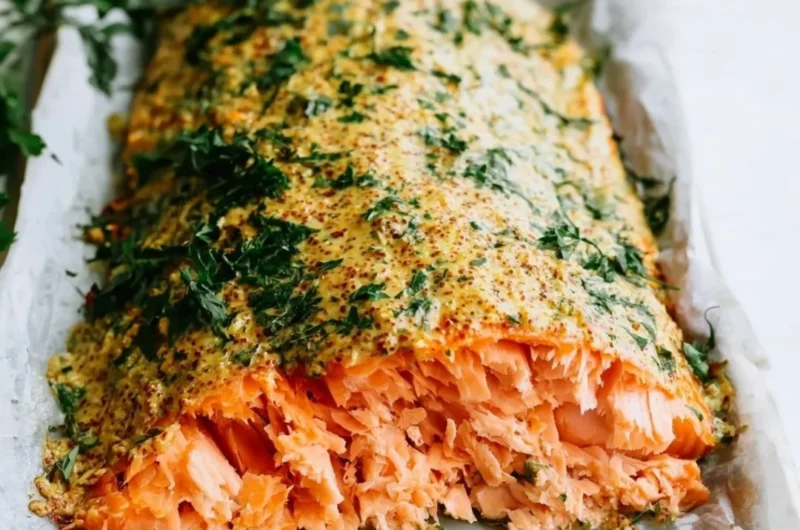 Baked salmon fillet topped with herbed Dijon sauce on a plate