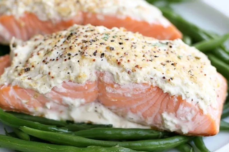 Baked salmon fillet with a sour cream crust on a plate