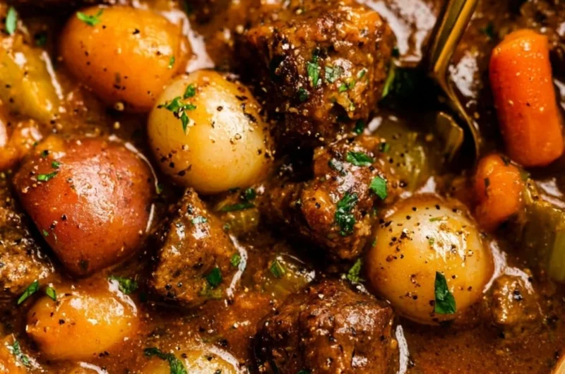 Delicious beef stew with tender meat and vegetables served in a bowl
