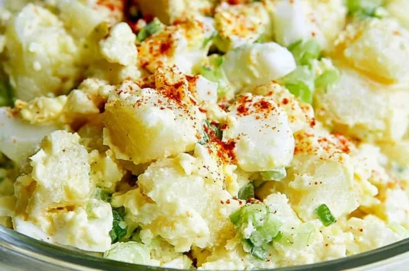 Delicious potato salad with egg served in a bowl garnished with herbs.