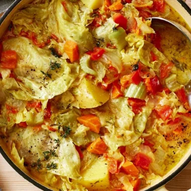 Bowl of healthy cabbage soup for weight loss on a wooden table
