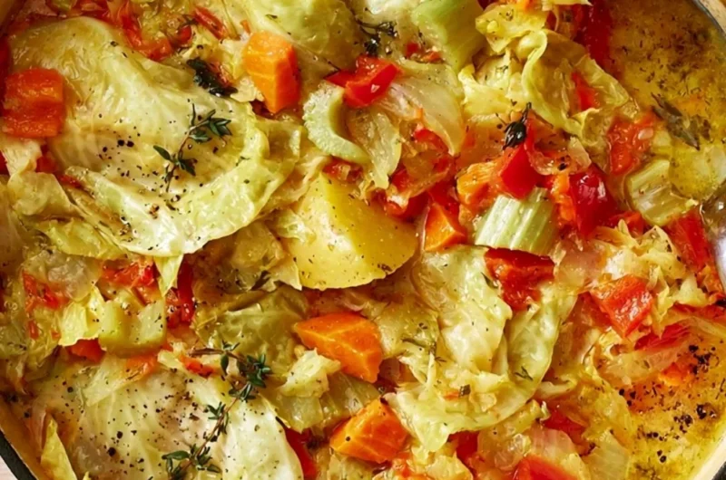 Bowl of healthy cabbage soup for weight loss on a wooden table