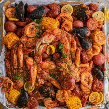 Delicious Cajun seafood boil featuring shrimp, crab, and vegetables in a spicy broth