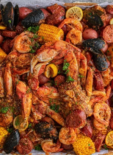 Delicious Cajun seafood boil featuring shrimp, crab, and vegetables in a spicy broth
