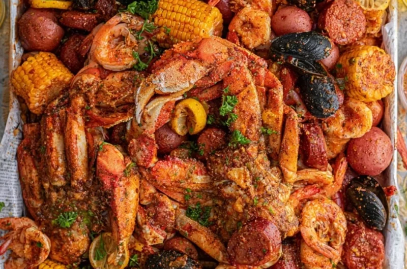 Delicious Cajun seafood boil featuring shrimp, crab, and vegetables in a spicy broth