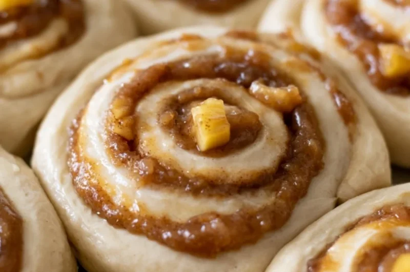 Freshly baked caramel apple cinnamon rolls drizzled with caramel sauce