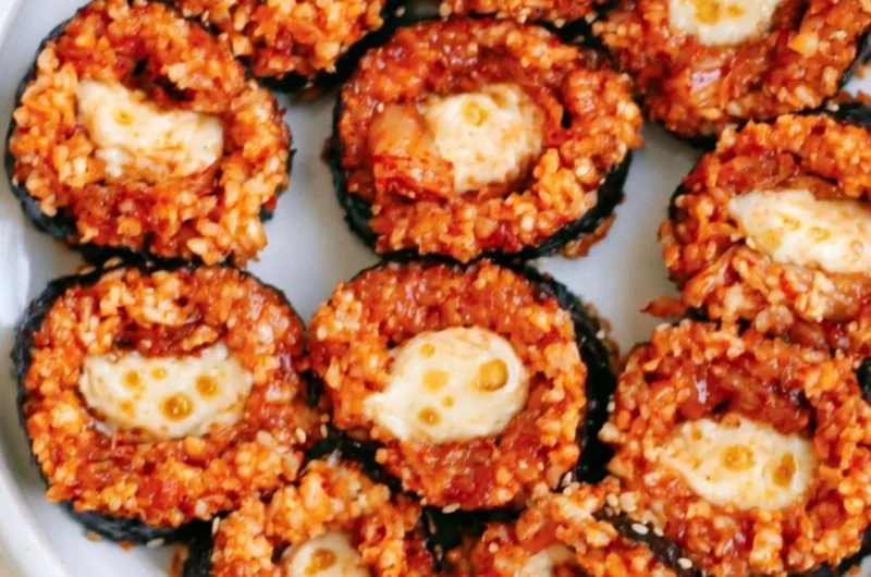 Delicious Cheese Kimchi Kimbap featuring vibrant kimchi and melted cheese roll.