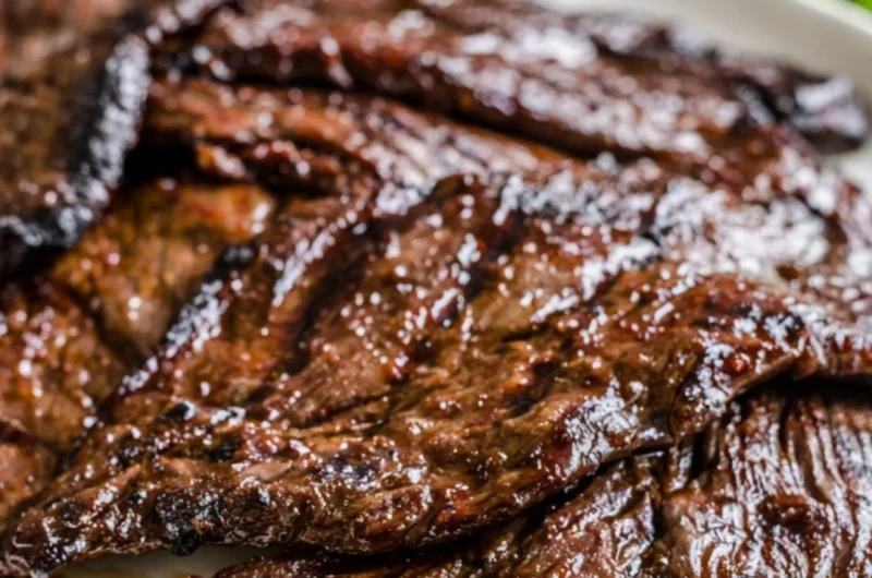 Citrus marinated grilled flank steak served on a plate with fresh herbs.