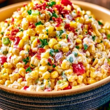 A bowl of Cozy Crack Corn Salad topped with fresh herbs and colorful veggies.