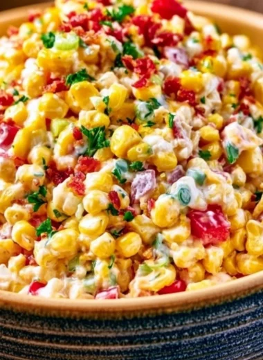 A bowl of Cozy Crack Corn Salad topped with fresh herbs and colorful veggies.
