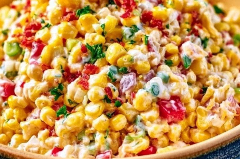 A bowl of Cozy Crack Corn Salad topped with fresh herbs and colorful veggies.