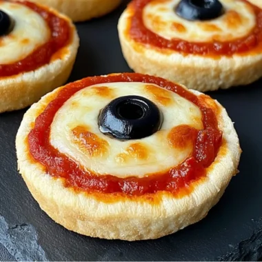Cozy eyeball English muffin pizzas topped with mozzarella and olives.