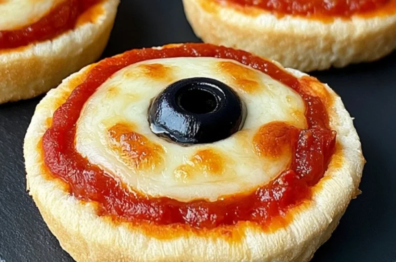 Cozy eyeball English muffin pizzas topped with mozzarella and olives.