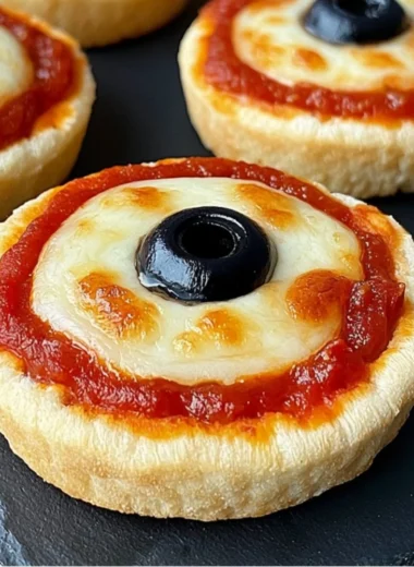 Cozy eyeball English muffin pizzas topped with olives and cheese