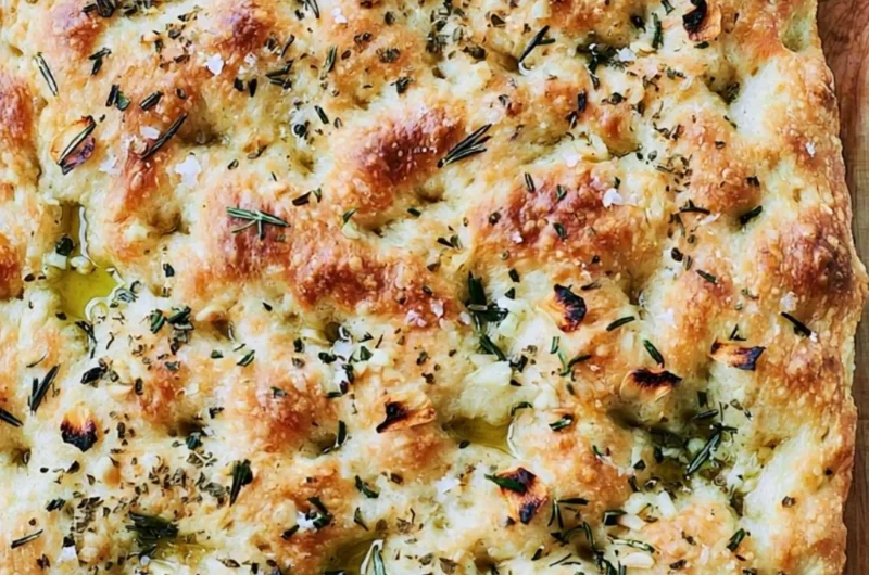 Freshly baked garlic rosemary focaccia bread with a golden crust