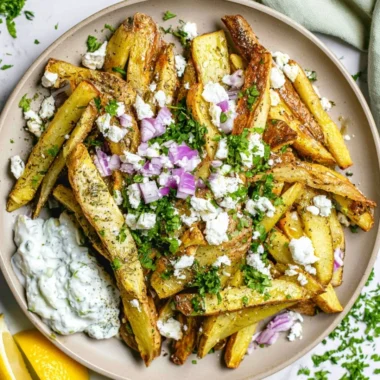 Cozy Greek fries served in a bowl, garnished with herbs and feta cheese.