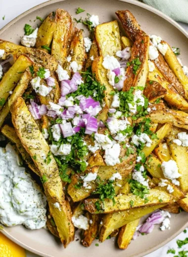 Cozy Greek fries served in a bowl, garnished with herbs and feta cheese.