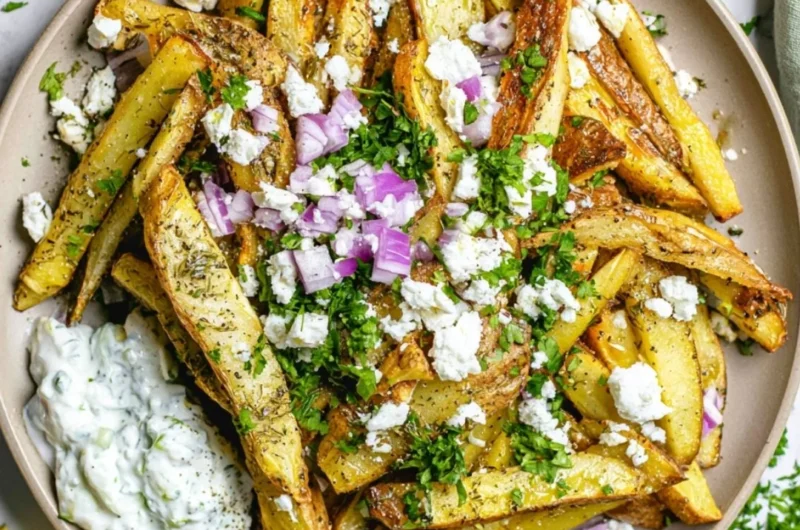 Cozy Greek fries served in a bowl, garnished with herbs and feta cheese.