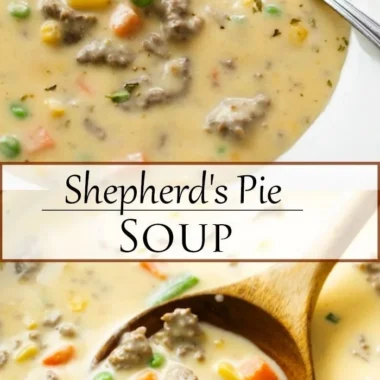 Bowl of cozy Shepherd's Pie Soup with vegetables and meat topped with mashed potatoes.