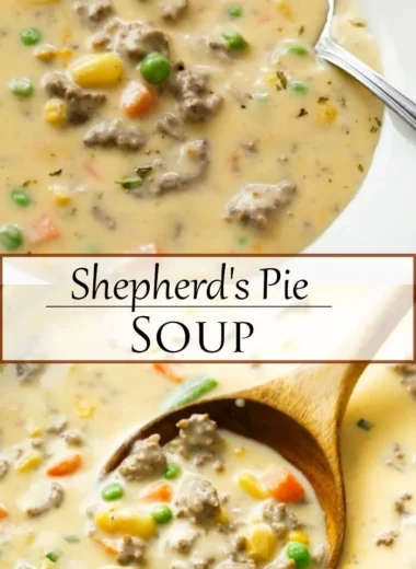 Bowl of cozy Shepherd's Pie Soup with vegetables and meat topped with mashed potatoes.