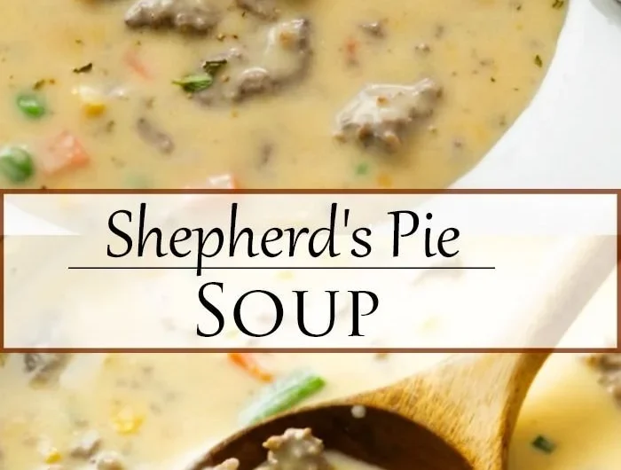 Bowl of cozy Shepherd's Pie Soup with vegetables and meat topped with mashed potatoes.