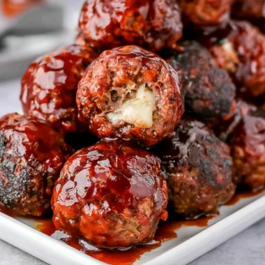 Cozy smoked stuffed meatballs filled with mozzarella cheese on a serving platter