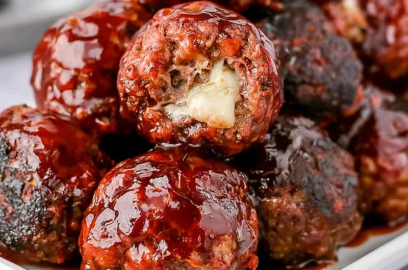 Cozy smoked stuffed meatballs filled with mozzarella cheese on a serving platter