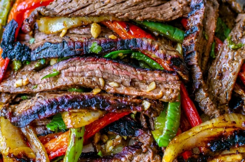 Delicious and cozy steak fajitas served with vibrant peppers and onions.