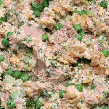 Cozy tuna pasta salad served in a bowl with fresh ingredients