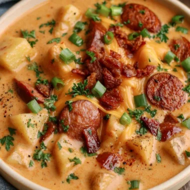 Bowl of creamy Cajun potato soup with herbs and spices