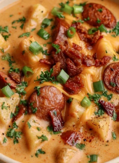Bowl of creamy Cajun potato soup with herbs and spices