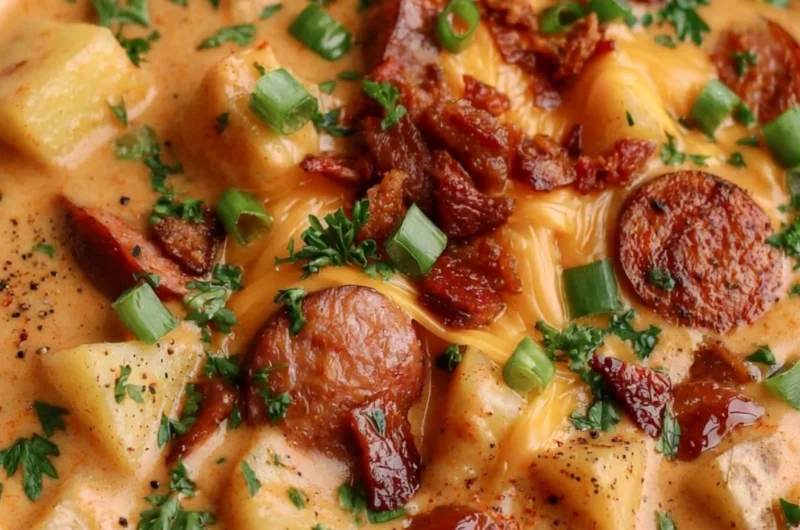 Bowl of creamy Cajun potato soup with herbs and spices