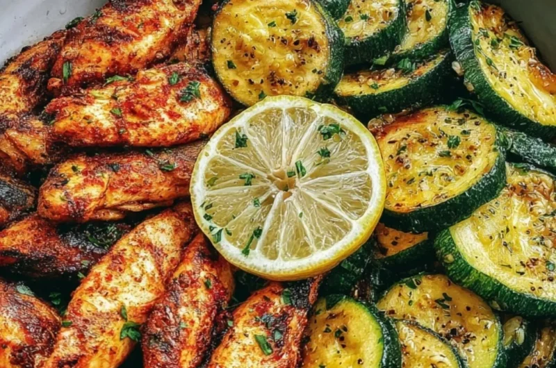 Easy asado chicken served with lemon zucchini sauté on a plate.