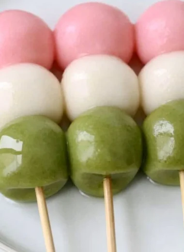 Easy Hanami Dango recipe with colorful rice dumplings for cherry blossom viewing.